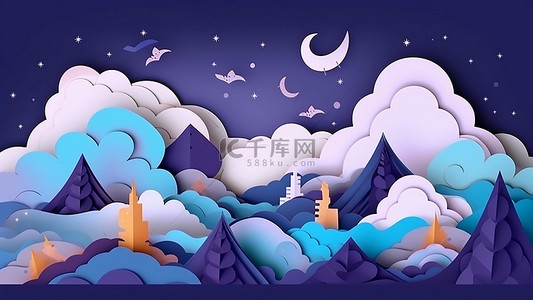 天气风背景图片_天空奇幻云层剪纸紫色