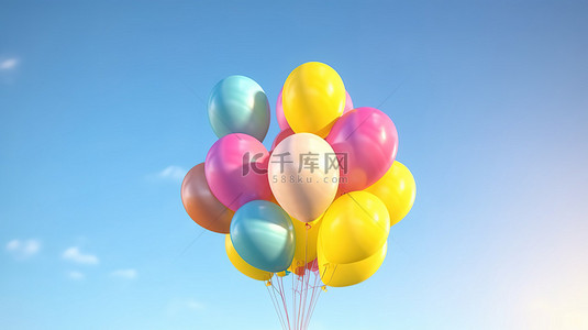 插画水彩背景图片_充满活力的气球合奏漂浮在 3D 场景中的天空背景下