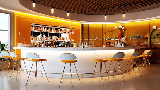 现代 3D 渲染酒吧和餐厅，配有时尚柜台