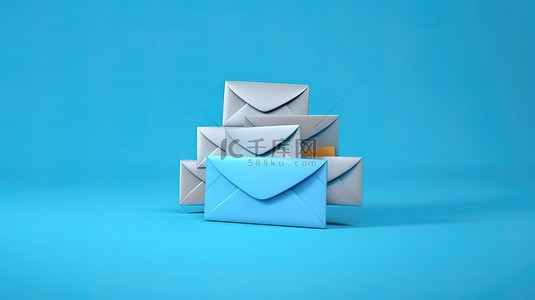 蓝色隔离概念中的新电子邮件警报，具有 3D 渲染和阴影效果