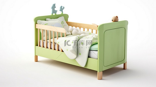 婴儿床背景背景图片_3D 渲染婴儿床，纯白色背景上带有剪切路径