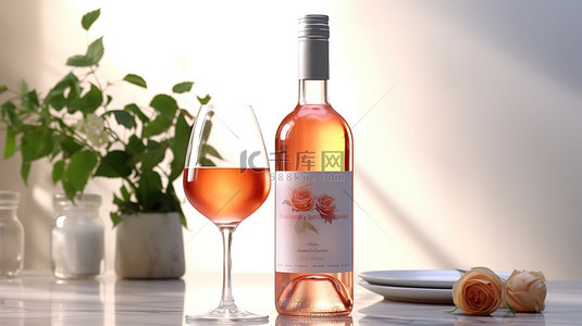 酒的背景图片_带标签的白色背景玫瑰酒瓶的逼真 3D 插图