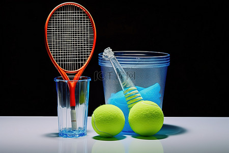 透明塑料杯中的羽毛球拍球和水瓶
