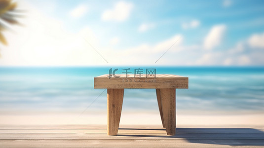 封面背景图片_木桌上模糊的 3D 夏季景观模型，可欣赏海景
