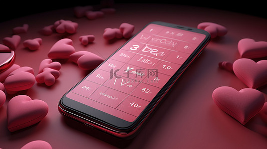 3D 渲染中的情人节背景，具有智能手机心形日历和爱情表情符号