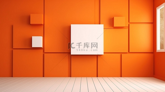 橙色样机背景图片_带有空白空间的橙色多媒体墙模型的 3D 插图
