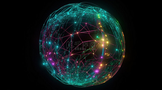 令人着迷的 4k 超高清 3D 插图，霓虹灯气泡在网球内旋转并散发出荧光光芒
