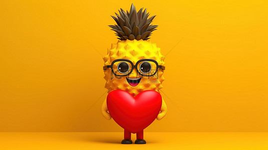 菠萝黄色背景背景图片_俏皮的卡通时髦菠萝人物吉祥物，红心在充满活力的黄色背景 3d 渲染