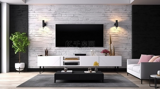 文化墙背景图片_现代客厅设计，配有 3D 渲染的砖墙电视支架