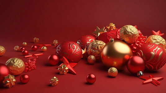充满活力的圣诞场景，3D 渲染的雪花糖果铃圣诞球和红色表面上的金色装饰，以及节日问候“圣诞快乐”