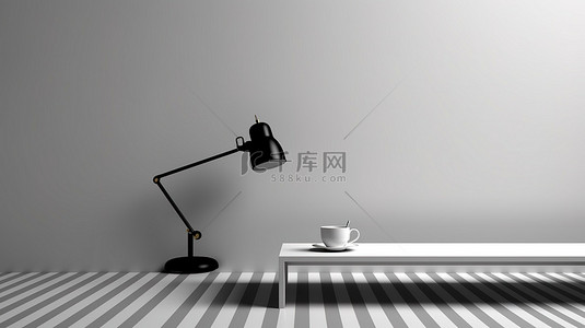 创意家具背景图片_创意概念 3D 渲染中黑白色调的简约办公桌