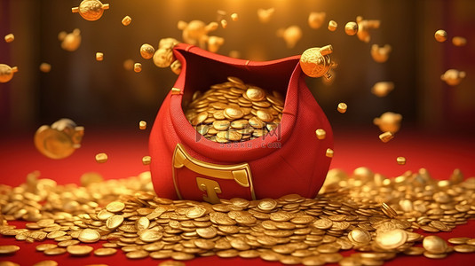 中国新年庆祝活动背景中装有金币的财富袋下降 3d 渲染
