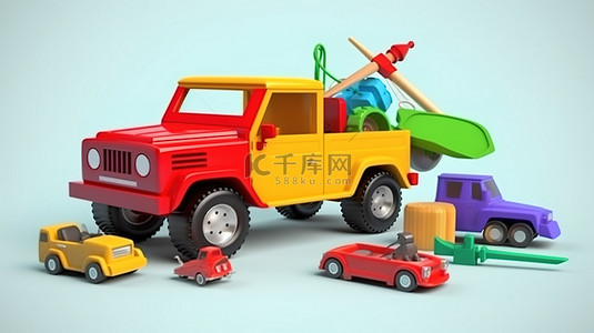 彩色儿童玩具车系列的 3D 渲染，其中包括吉普车敞篷自卸卡车和起重机