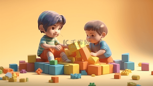 小孩玩耍玩具背景图片_孩子搭积木儿童节插画背景