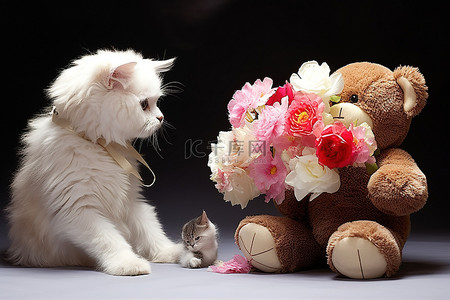 白色的花朵背景图片_猫一边看着五颜六色的花朵，一边被一只白色泰迪熊拥抱，花束里有粉色和白色的花朵