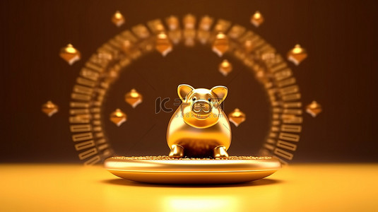 金金猪背景图片_具有 3D 渲染背景的中式讲台上的金猪存钱罐
