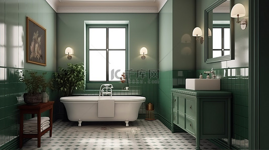 经典风格酒店浴室大镜子白色洗脸盆和绿色瓷砖墙 3D 渲染