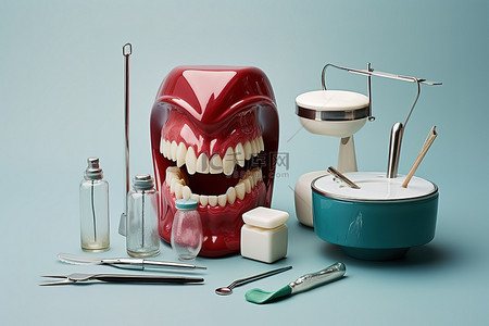 带牙科工具的牙科护理模型
