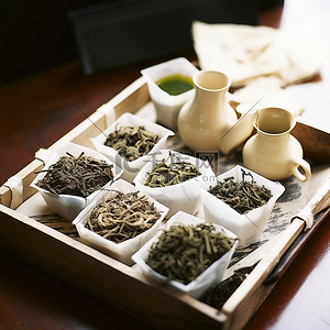 茶背景图片_木托盘上放着各种茶叶的茶袋