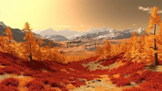 火热夏日背景图片_充满活力的秋叶以火热的色调覆盖山地景观 3D 渲染