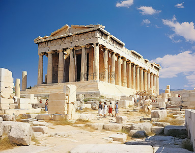 欧洲希腊背景图片_人们站在古希腊雅典的一座寺庙前
