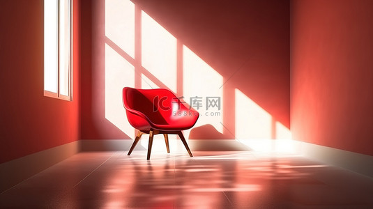 3d 渲染的房间中阳光照射的红色椅子的近距离视图