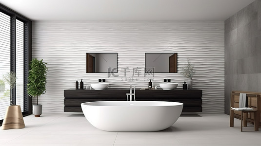 漂亮的瓷砖背景图片_现代浴室的效果图，配有优雅的白色浴缸瓷砖装饰墙和光滑的白色地板