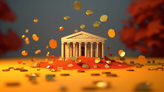 银行背景图片_圆滑的银行结构 3D 插图从存钱罐溢出硬币