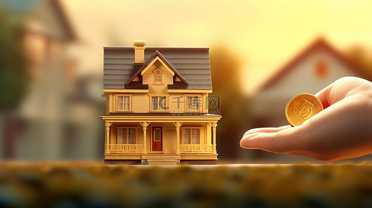 房地产投资概念代理人在持有房屋 3D 插图的同时收到客户的金币