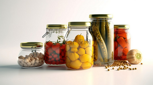 白色背景 3D 插图上排列的罐装蔬菜食用油和厨具
