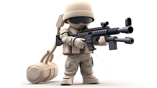 动画背景图片_孤立的 3D 卡通士兵角色挥舞着白色背景上带有剪切路径的突击枪