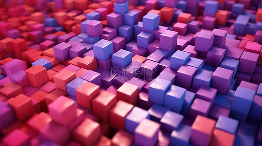 纹理背景上紫色粉色和红色色调的各种立方体令人惊叹的 3D 渲染抽象插图