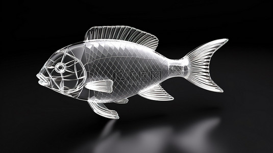 单色轮廓中鱼图标的单色 3D 渲染