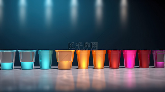 使用 3D 渲染将各种尺寸的一次性塑料杯排成一行