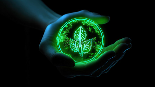 可持续的未来手持霓虹灯生态图标在 3D 渲染插图
