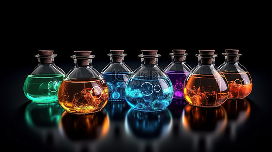 3D 渲染的黑色背景，其中包含实验室中充满化学品的玻璃烧瓶