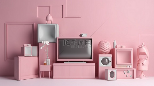 简约卡通风格的电视在柔和的粉色柔和背景上播放，带有无线媒体连接和互联网在线频道视频横幅复制空间