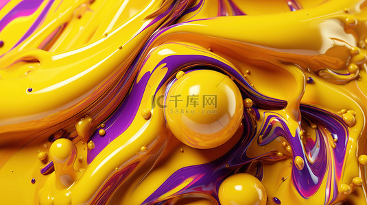 闪闪发光的金属注入黄紫色液体抽象背景 3D 插图和渲染