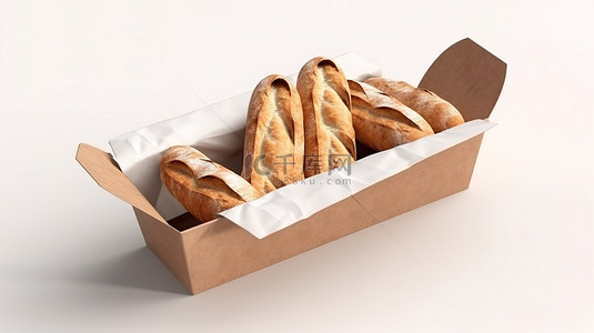 新鲜出炉的法棍面包包装在纸 3d 渲染在白色背景
