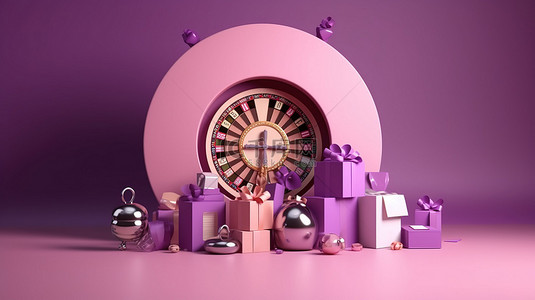 色彩鲜艳的紫色背景上的彩色 3D 轮盘老虎机和礼品盒
