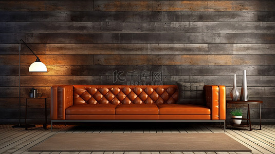 复古空间中的当代皮革沙发 3D 渲染硬木地板木天花板和裸露的砖墙
