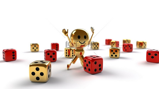白色背景上带有金色忠诚计划奖金硬币人物吉祥物的红色游戏骰子的 3D 渲染