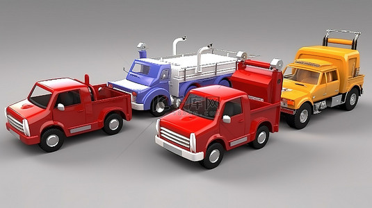 可爱的儿童玩具车的 3D 渲染，包括敞篷车皮卡车起重机消防车和自卸卡车