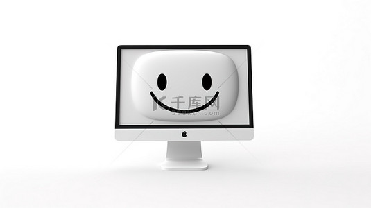独立简约桌面电脑屏幕的 3D 渲染，在白色背景上显示表情符号