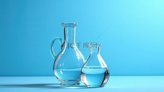 浅蓝色表面上的水瓶和水玻璃的 3D 渲染
