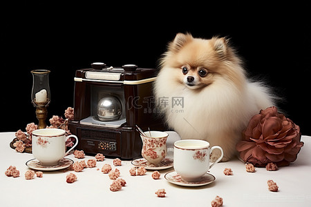 茶背景图片_博美犬小狗用咖啡和收音机