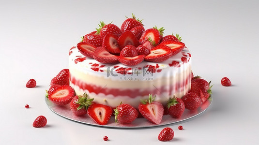 甜美背景背景图片_白色背景上有草莓和香草层的 3D 蛋糕