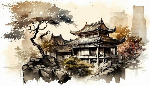 中国风建筑水墨背景