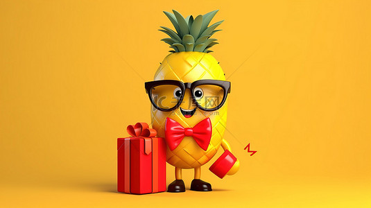 古怪的卡通时髦菠萝吉祥物，在 3D 渲染的充满活力的黄色背景上展示着礼品盒和红丝带