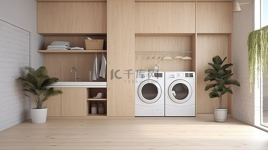 家居飾品背景图片_极简主义的洗衣房，带有木质装饰和 3D 渲染中的绿色植物